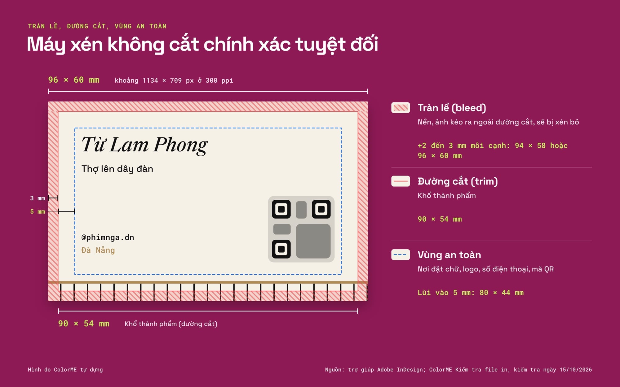 Tràn lề 3 mm, đường cắt và vùng an toàn 5 mm trên danh thiếp 90 × 54 mm
