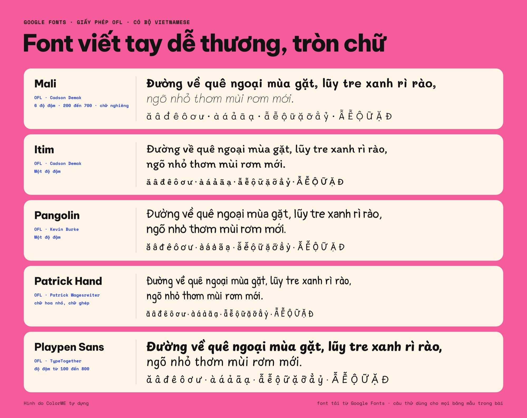 Font viết tay dễ thương có dấu tiếng Việt: Mali, Itim, Pangolin, Patrick Hand, Playpen Sans