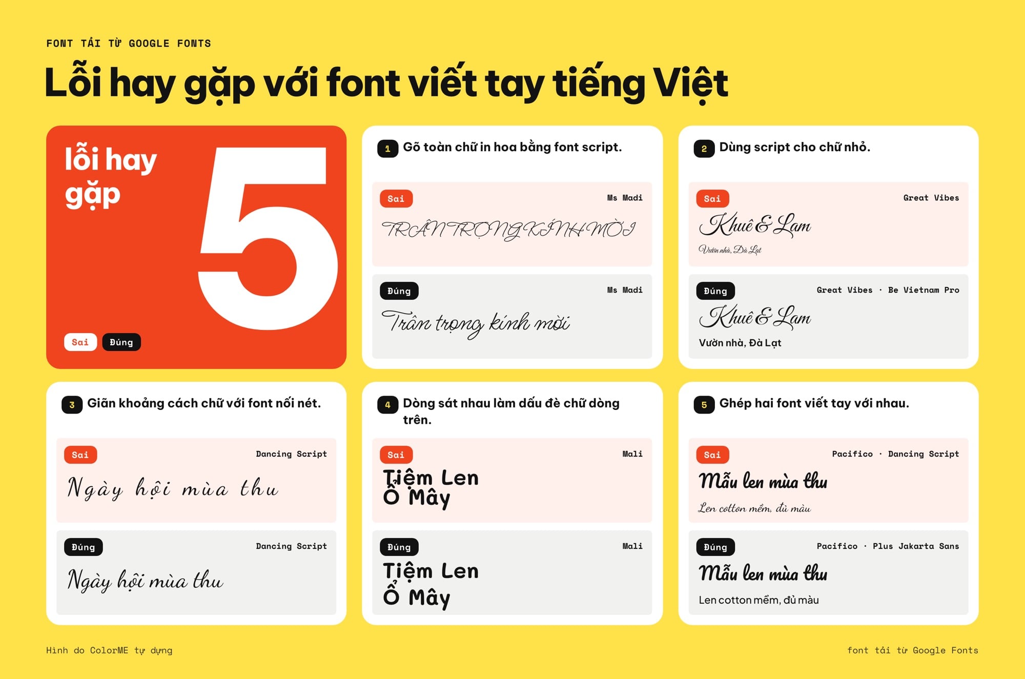 Lỗi thường gặp khi dùng font viết tay tiếng Việt: thiếu dấu, in hoa, chữ nhỏ, giãn chữ, dòng sát, ghép hai font