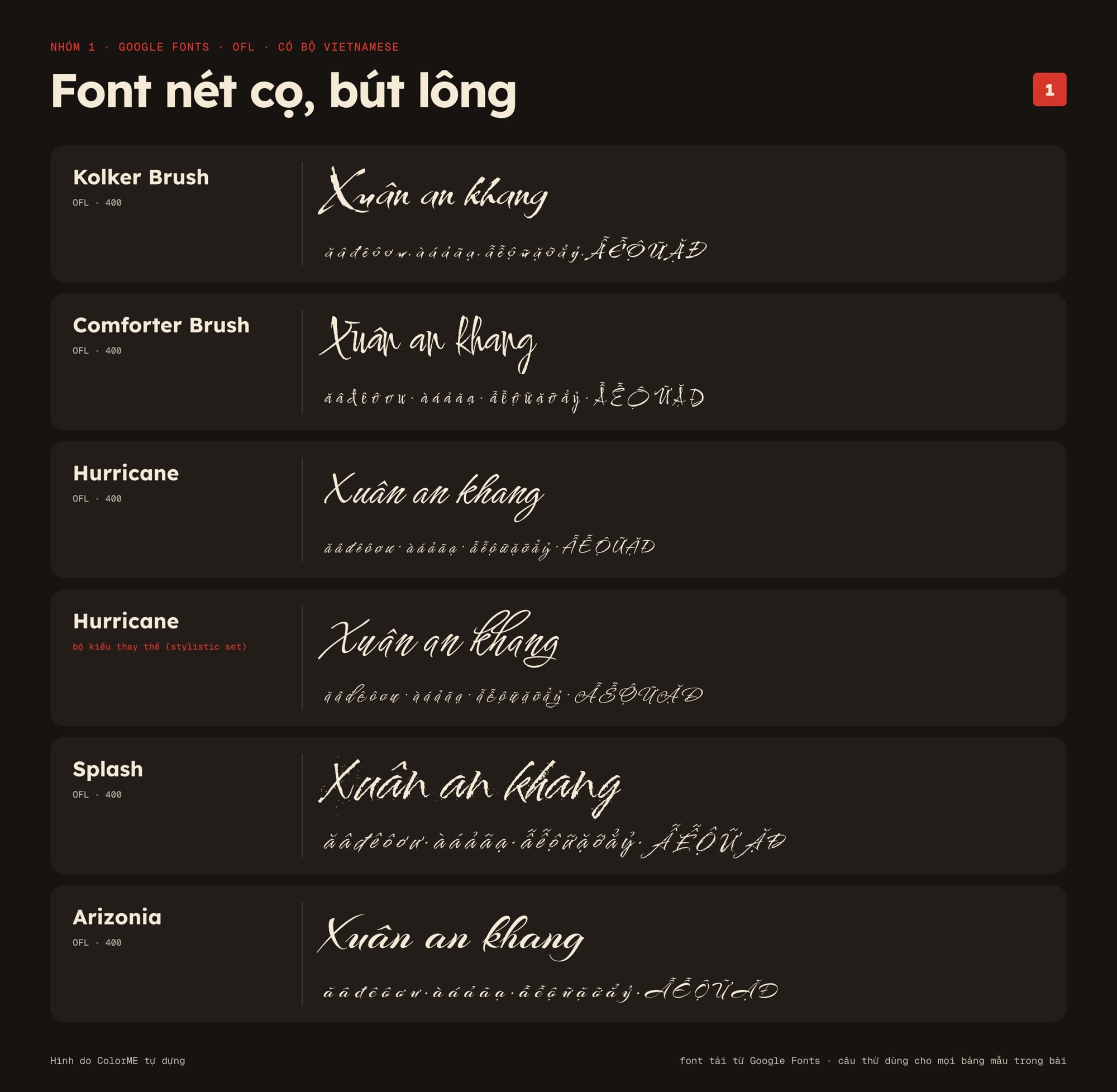 Font thư pháp nét cọ có dấu tiếng Việt: Kolker Brush, Comforter Brush, Hurricane, Splash, Arizonia