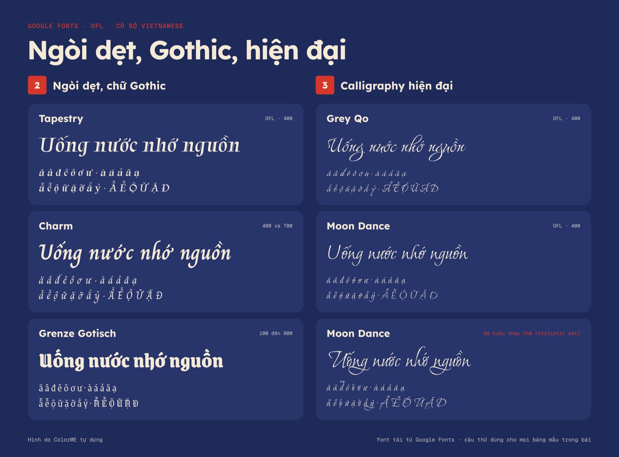 Font thư pháp ngòi dẹt, Gothic và calligraphy hiện đại đủ dấu: Tapestry, Charm, Grenze Gotisch, Grey Qo, Moon Dance