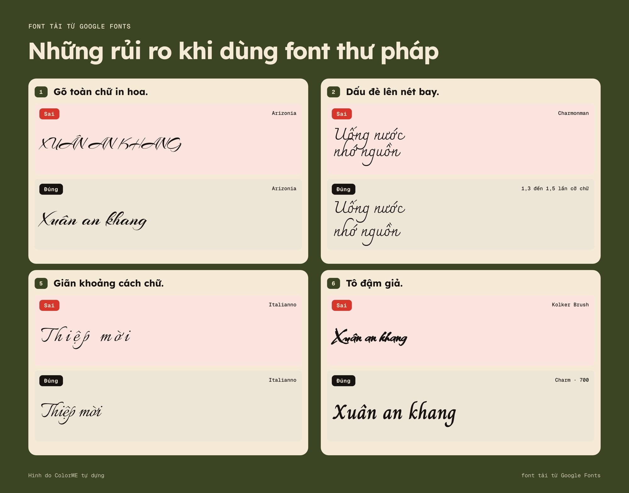 Lỗi thường gặp khi dùng font thư pháp tiếng Việt: in hoa, dấu đè nét bay, giãn chữ, tô đậm giả