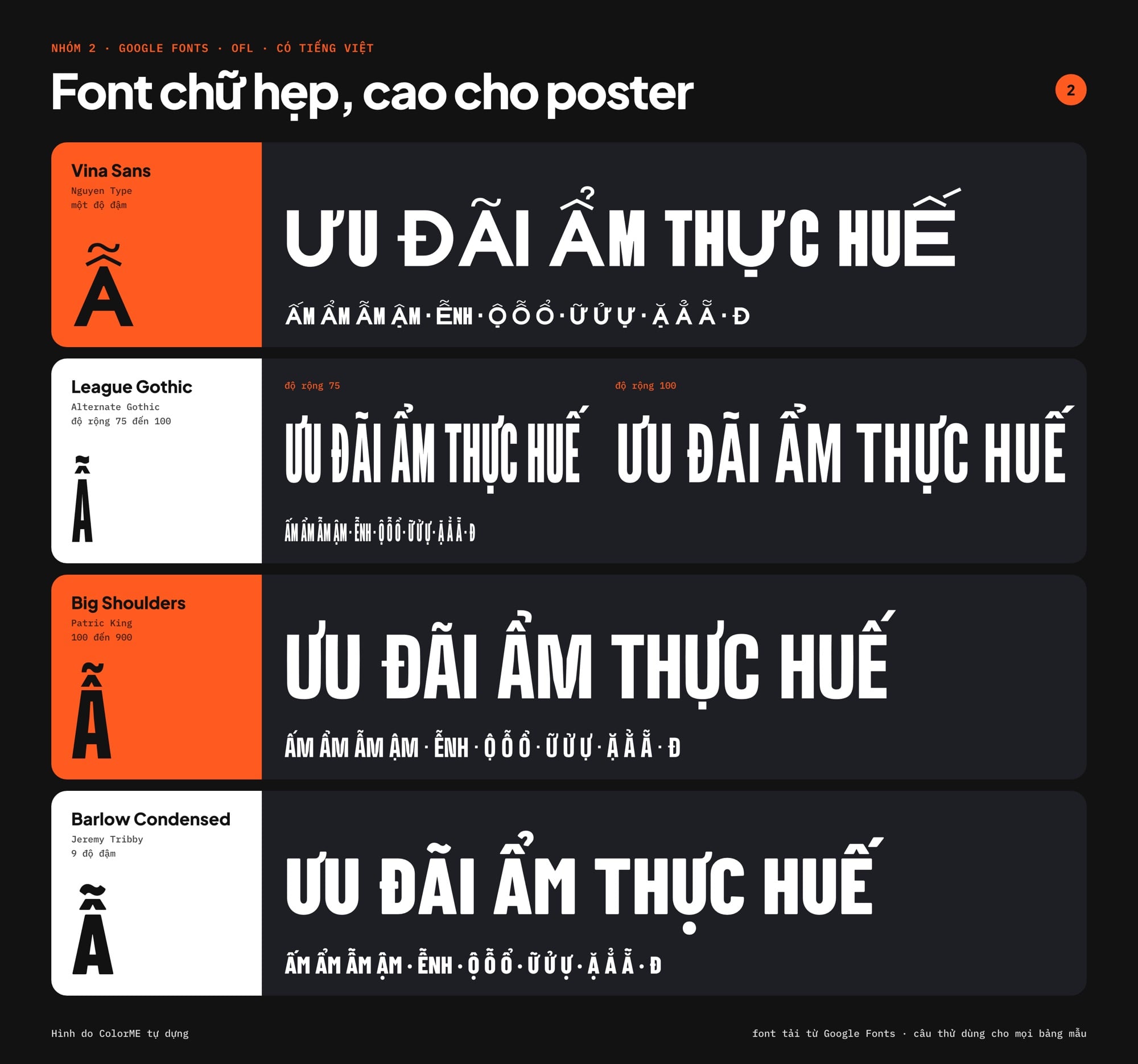 Font chữ hẹp cho poster có tiếng Việt: Vina Sans, League Gothic, Big Shoulders, Barlow Condensed
