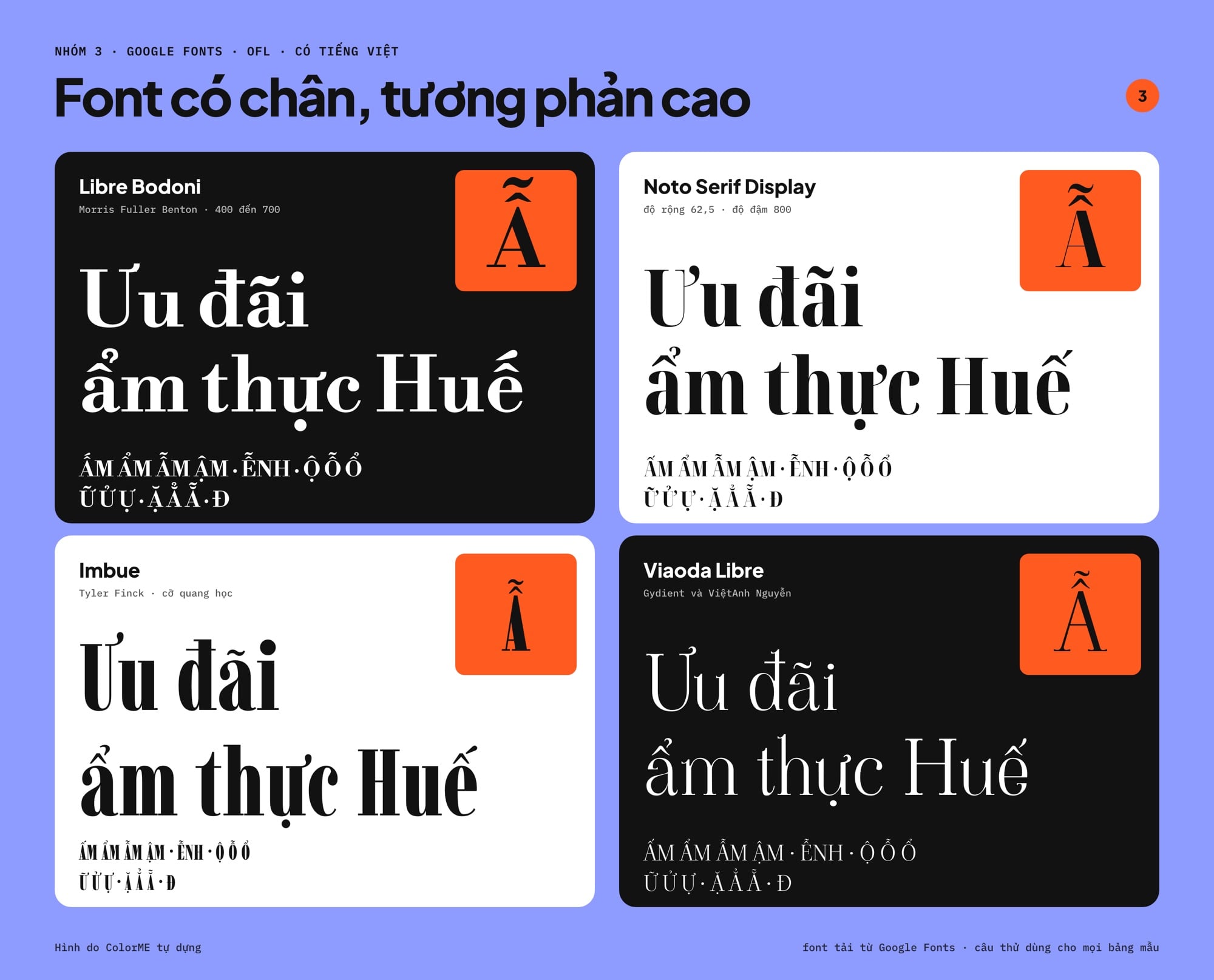 Font có chân tương phản cao cho poster sự kiện: Libre Bodoni, Noto Serif Display, Imbue, Viaoda Libre