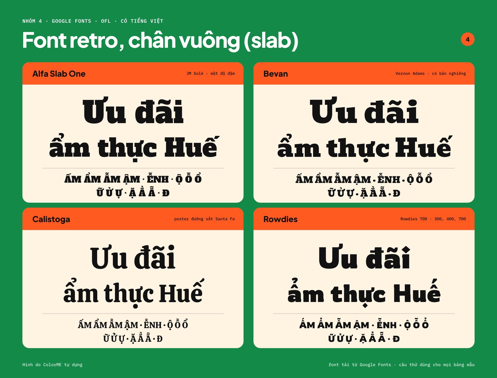 Font retro chân vuông có tiếng Việt cho menu quán ăn: Alfa Slab One, Bevan, Calistoga, Rowdies