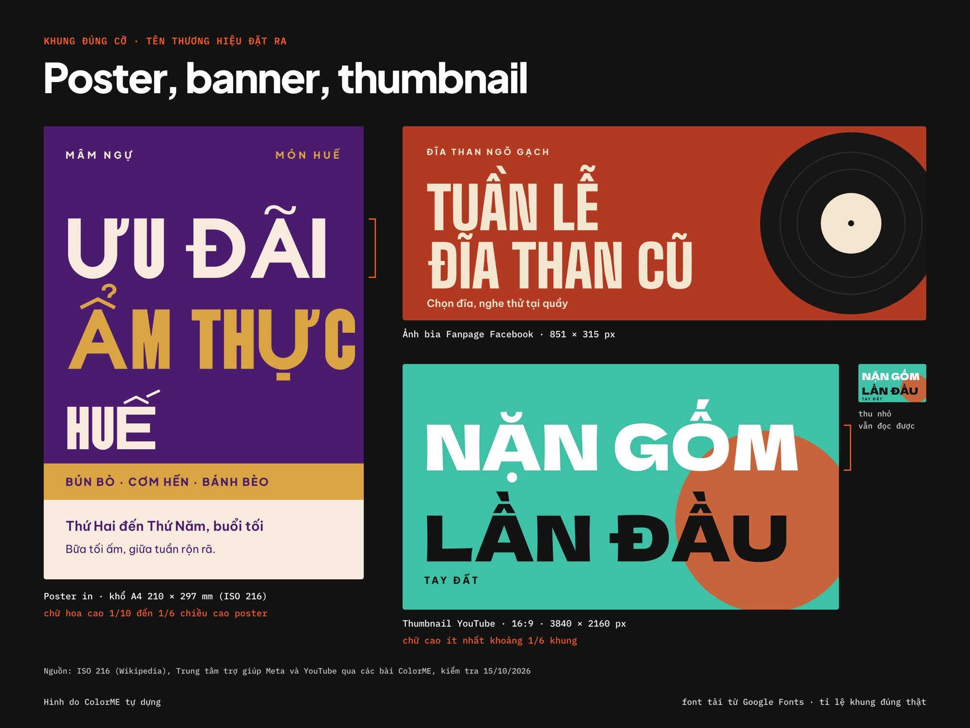 Font chữ poster, banner, thumbnail tiếng Việt: khổ A4, ảnh bìa Fanpage 851 × 315 px, thumbnail YouTube 16:9