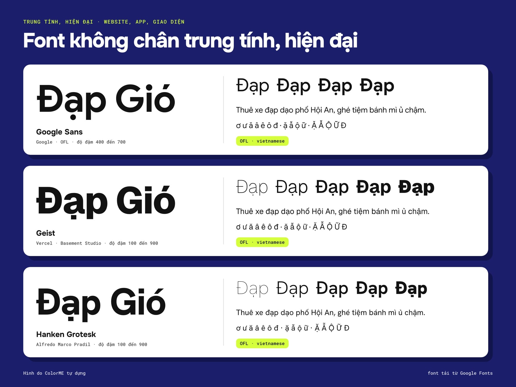 Font không chân trung tính cho website và app: Google Sans, Geist, Hanken Grotesk đủ dấu tiếng Việt