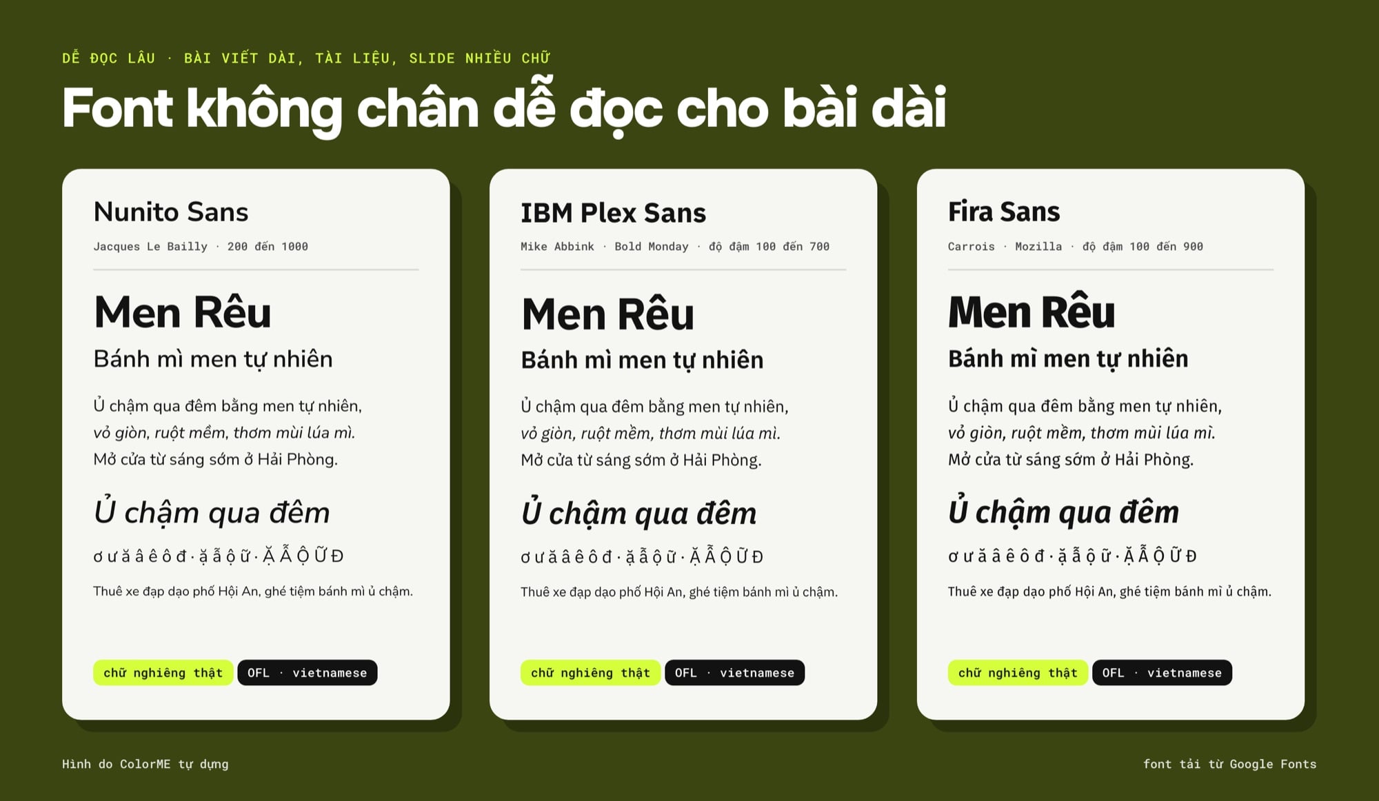 Font không chân dễ đọc cho bài dài: Nunito Sans, IBM Plex Sans, Fira Sans