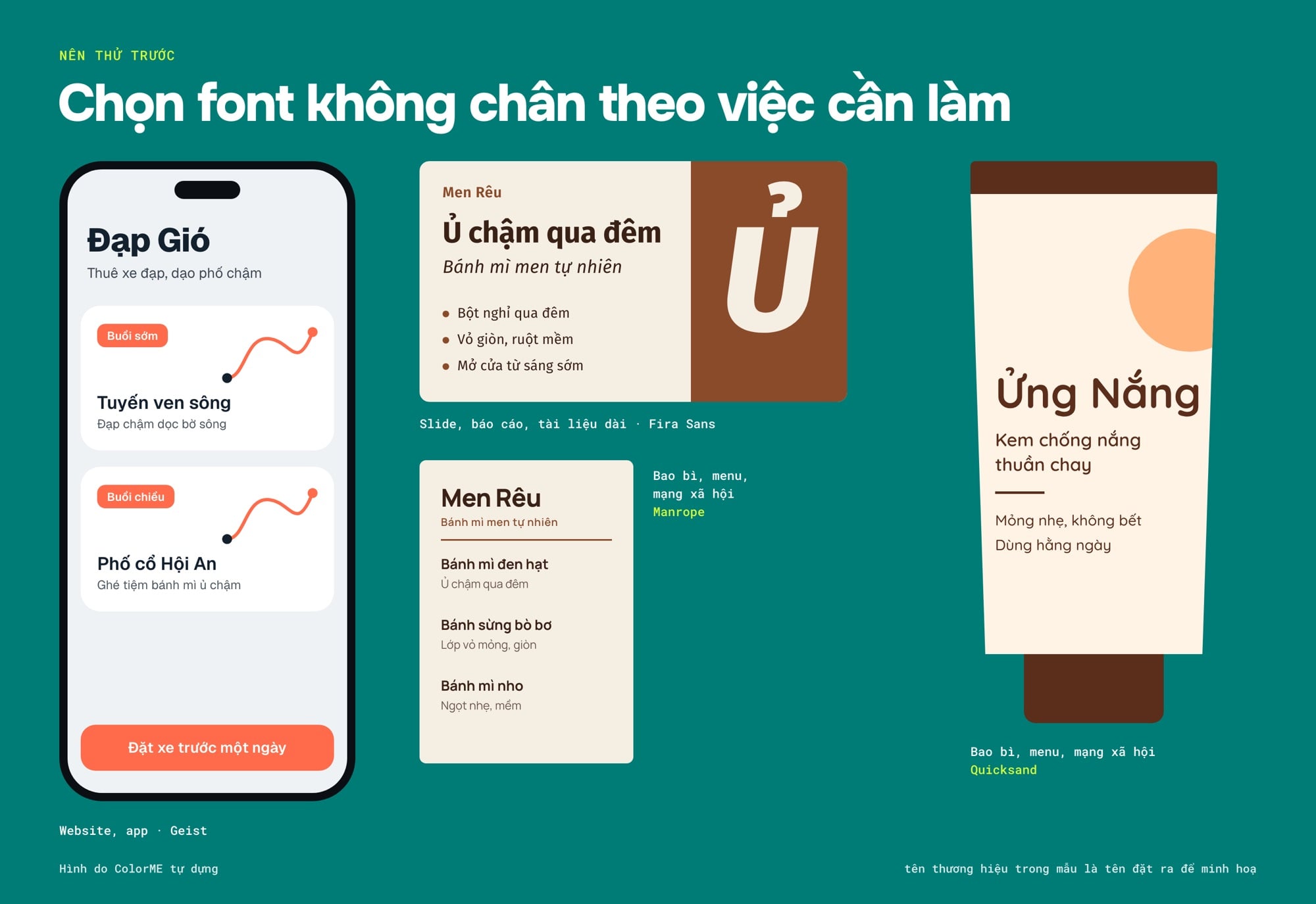 Chọn font không chân theo việc: app Geist, slide Fira Sans, menu Manrope, bao bì Quicksand