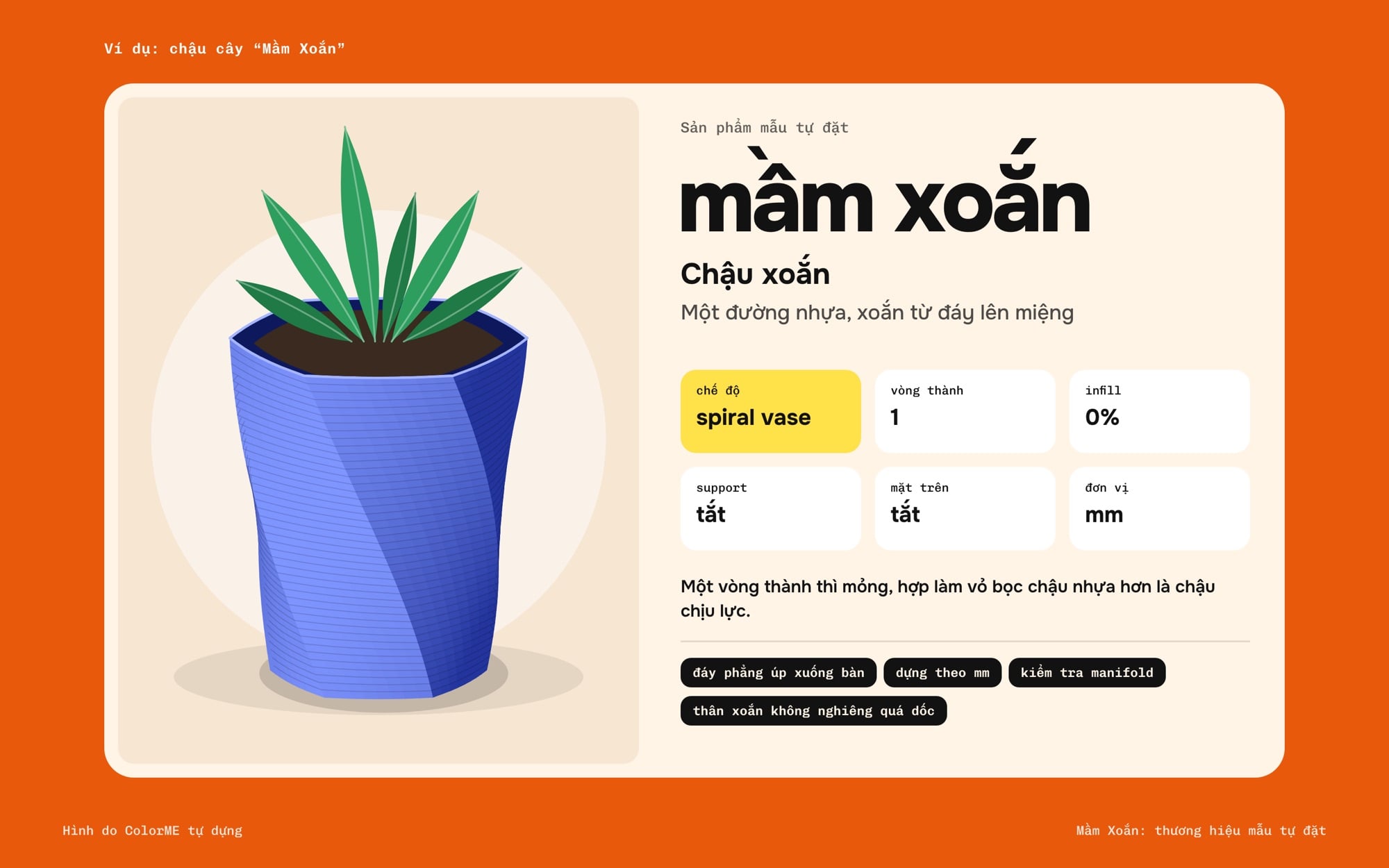 Sản phẩm mẫu chậu cây xoắn in 3D chế độ spiral vase