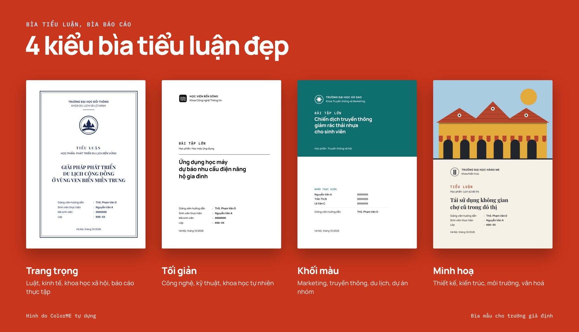 4 mẫu bìa tiểu luận đẹp: trang trọng, tối giản, khối màu, minh hoạ