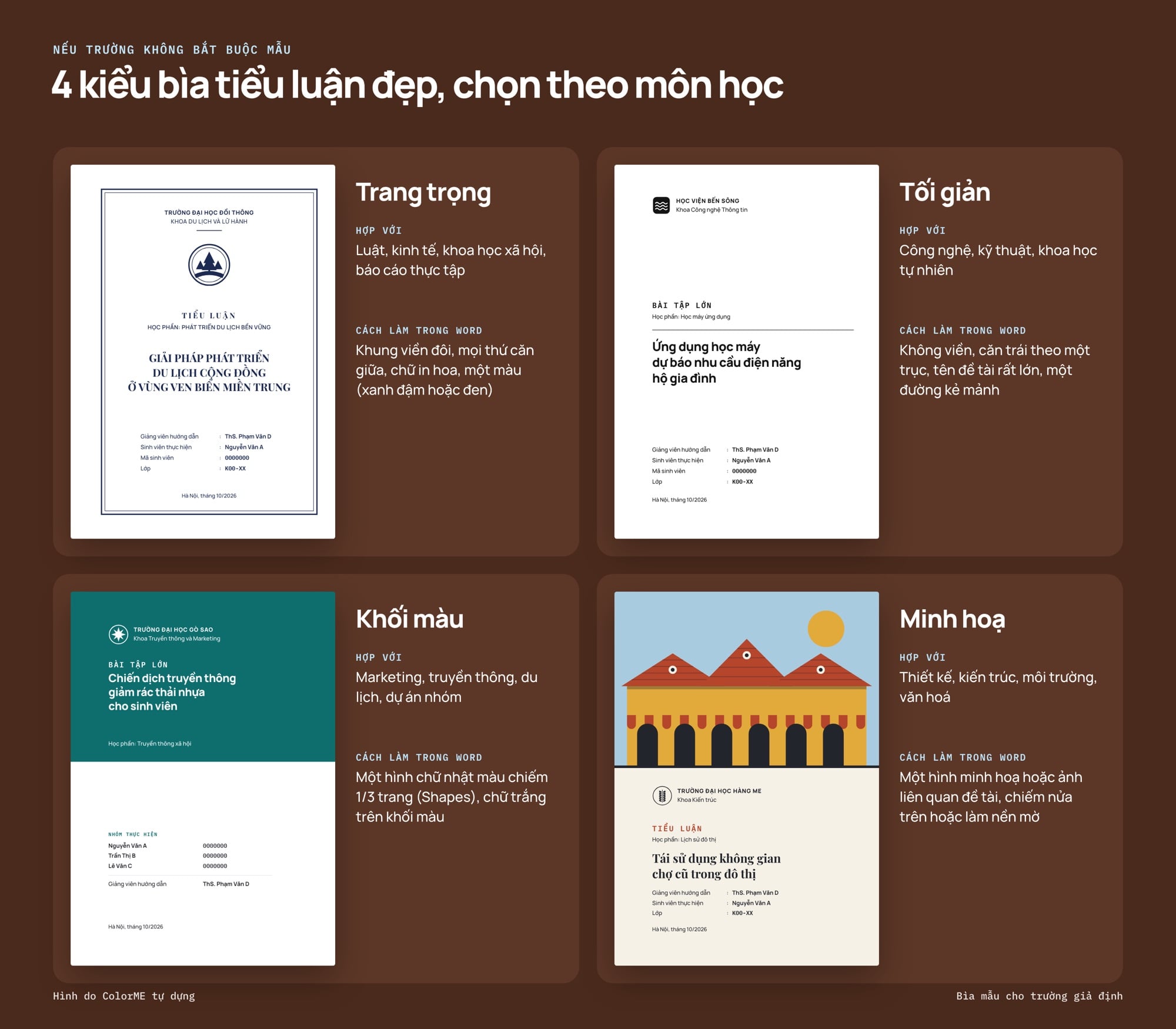 Mẫu bìa tiểu luận trang trọng, tối giản, khối màu và minh hoạ