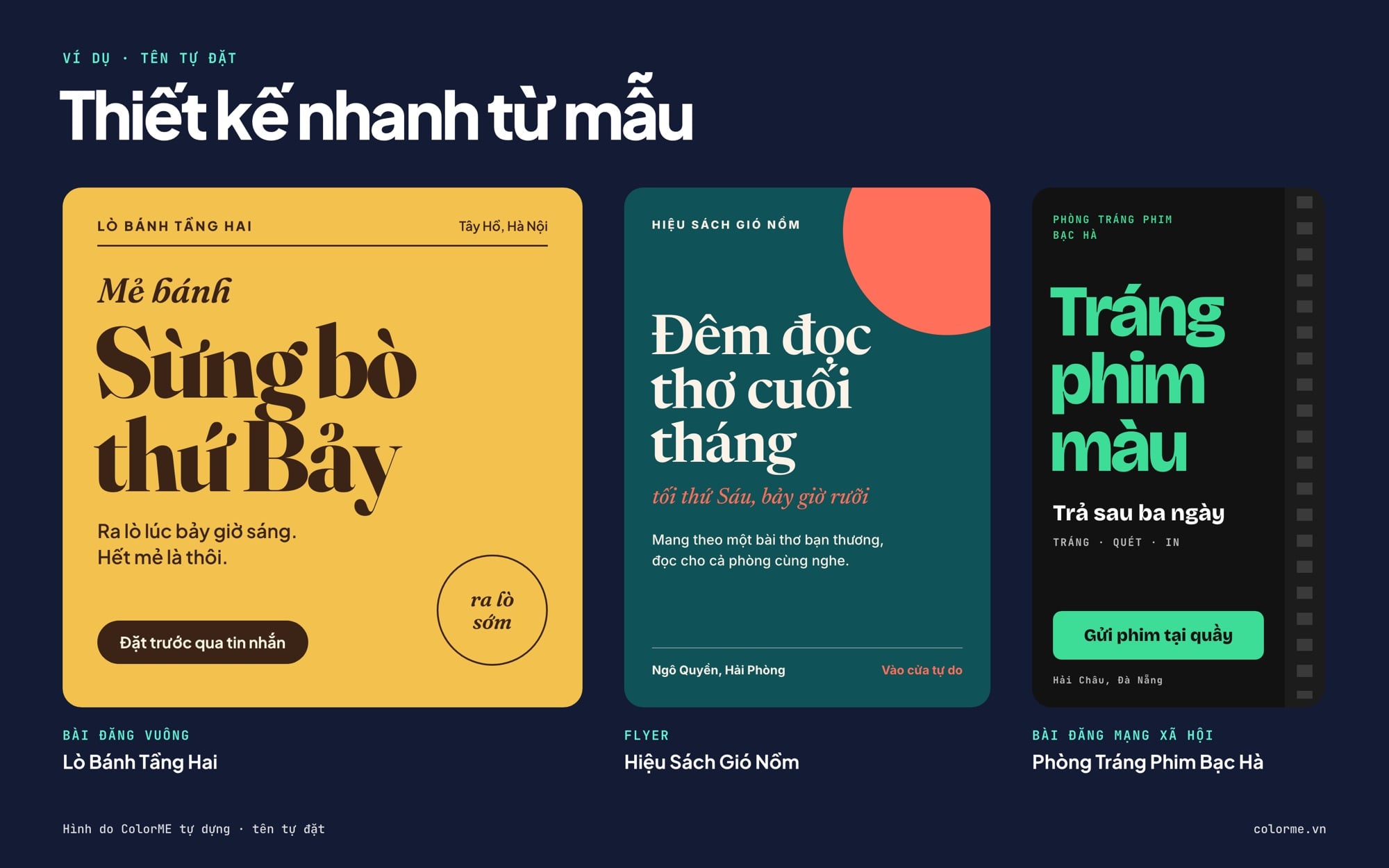 Mẫu bài đăng vuông tiệm bánh, flyer hiệu sách và bài đăng dọc phòng tráng phim thiết kế nhanh từ mẫu