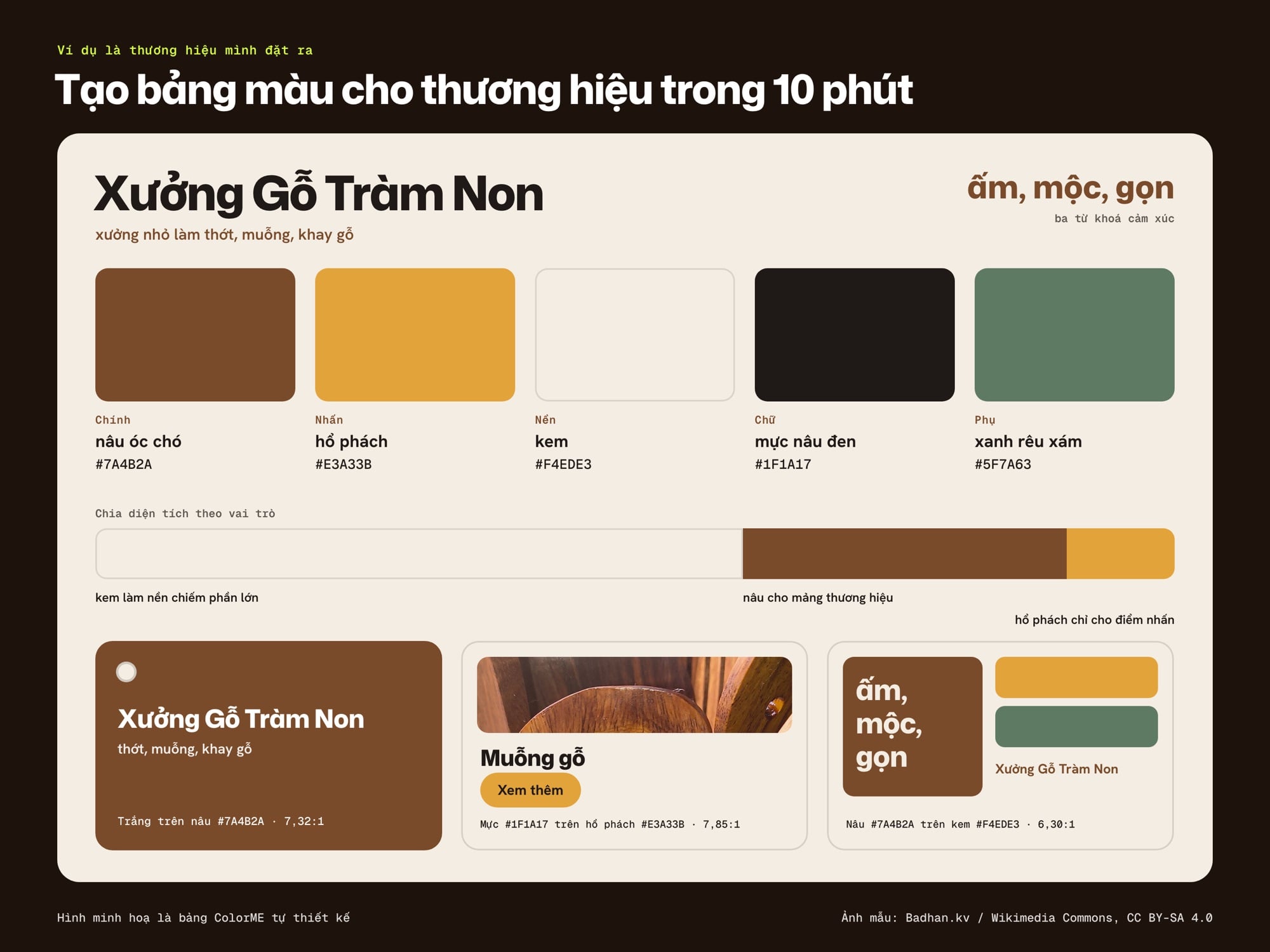 Bảng màu thương hiệu mẫu cho xưởng đồ gỗ: nâu, hổ phách, kem, mực, rêu