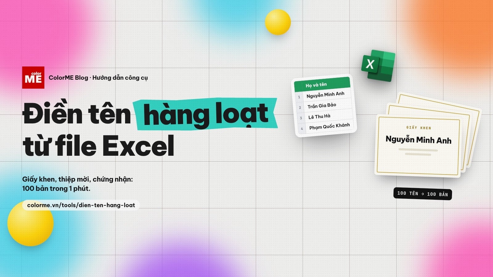 Cách điền tên hàng loạt vào giấy khen, thiệp mời từ Excel (không cần trộn thư)