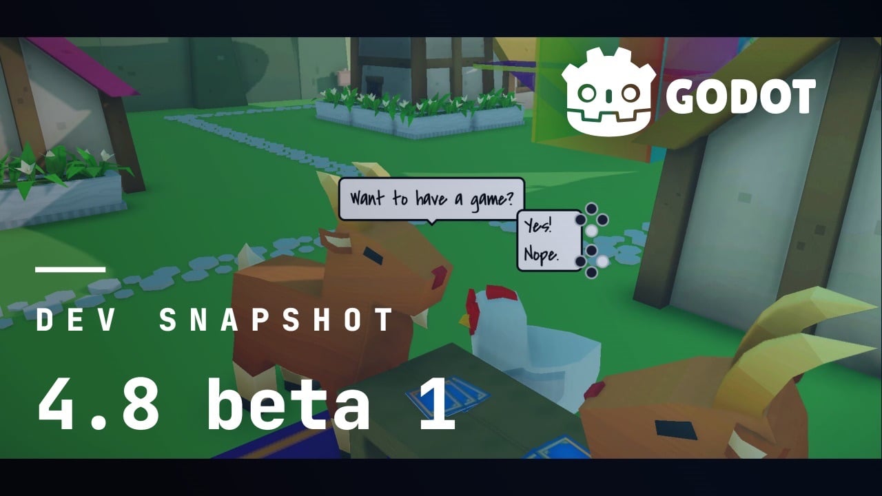 Ảnh bìa bài Godot 4.8 beta 1: cảnh game 3D phong cách low-poly, một con dê hỏi Want to have a game? với hai lựa chọn Yes và Nope, logo Godot góc trên bên phải