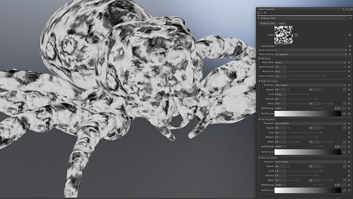 Mô hình con nhện 3D phủ một texture đen trắng loang lổ đồng đều khắp cơ thể, bên phải là bảng thuộc tính của node Tri-Planar Tiled với ba nhóm tham số cho ba mặt chiếu
