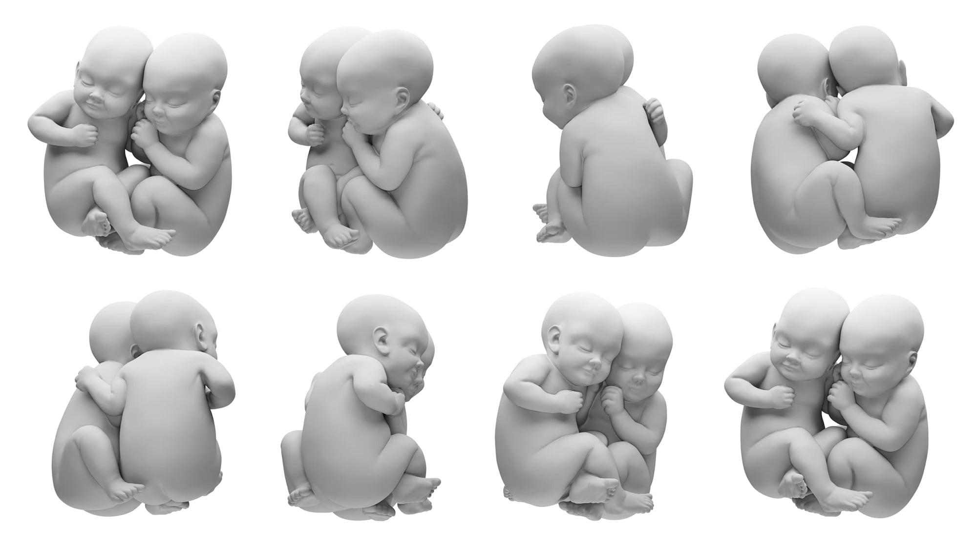 Tám góc nhìn của mô hình 3D màu xám hai em bé ôm nhau, xếp thành hai hàng trên nền trắng
