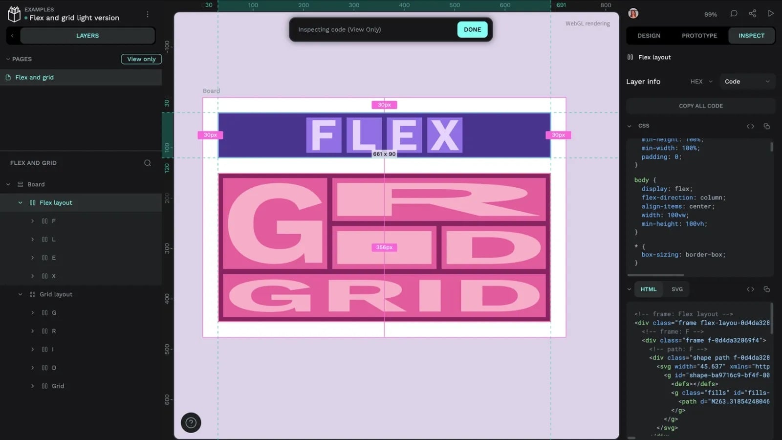 Giao diện Penpot ở chế độ Inspect: trên canvas là hai khối chữ FLEX và GRID màu tím hồng, bảng bên phải hiện code CSS và HTML của board Flex layout
