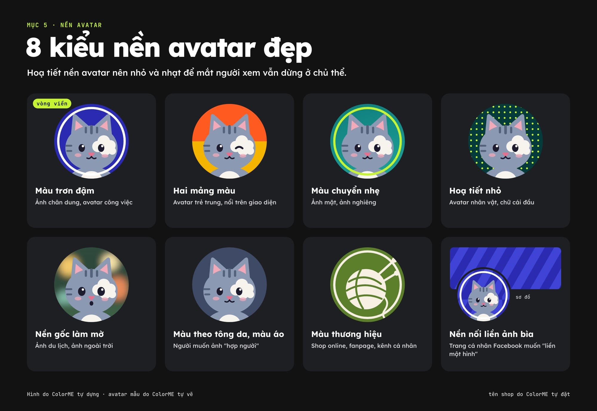 8 kiểu nền avatar đẹp: màu trơn, hai mảng màu, màu chuyển, hoạ tiết, nền mờ