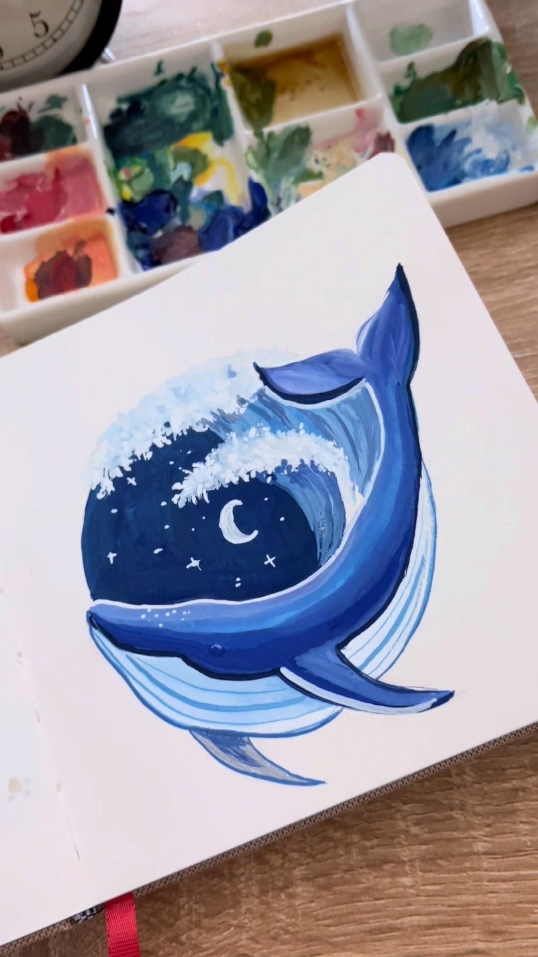 Tranh gouache cá voi xanh ôm con sóng và bầu trời đêm có trăng khuyết, vẽ trong sổ