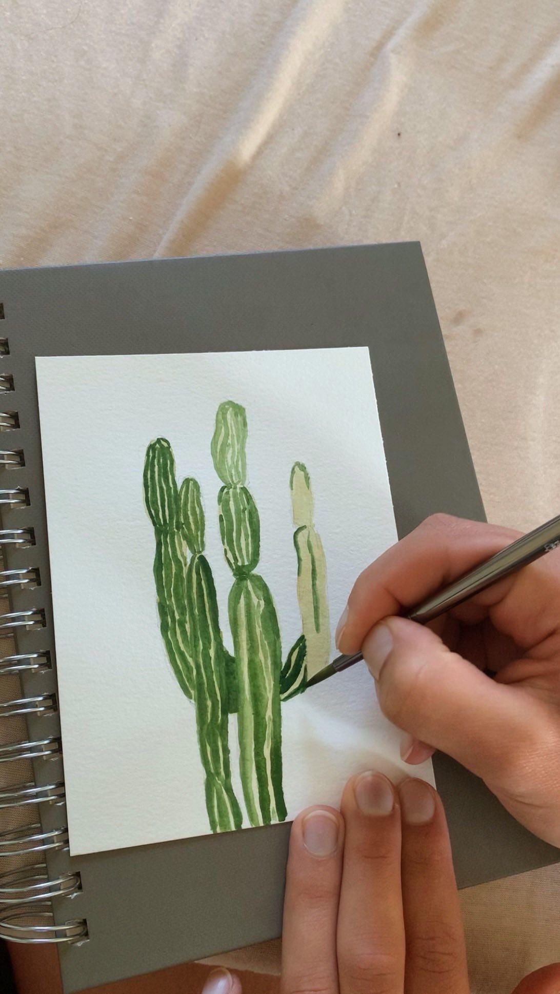Xương rồng saguaro vẽ bằng gouache pha loãng như màu nước trong sổ vẽ
