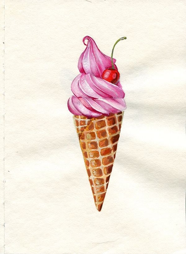 Kem ốc quế xoắn màu hồng có quả cherry, vỏ quế kẻ ô quả trám, vẽ gouache