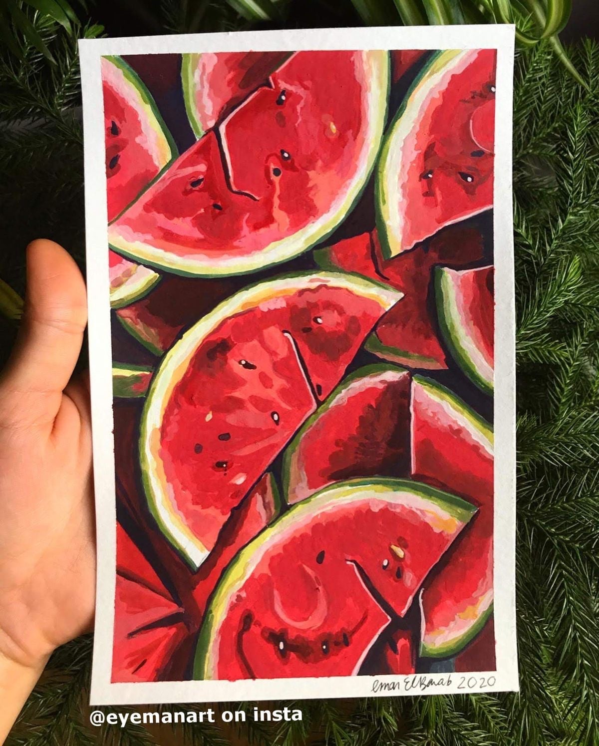 Tranh gouache những miếng dưa hấu đỏ xếp chồng kín khung