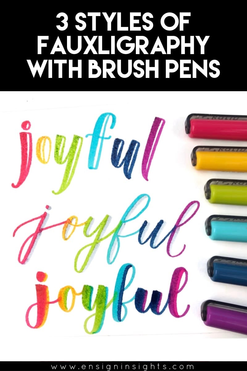 Ba cách viết chữ joyful kiểu giả thư pháp bằng bút brush nhiều màu