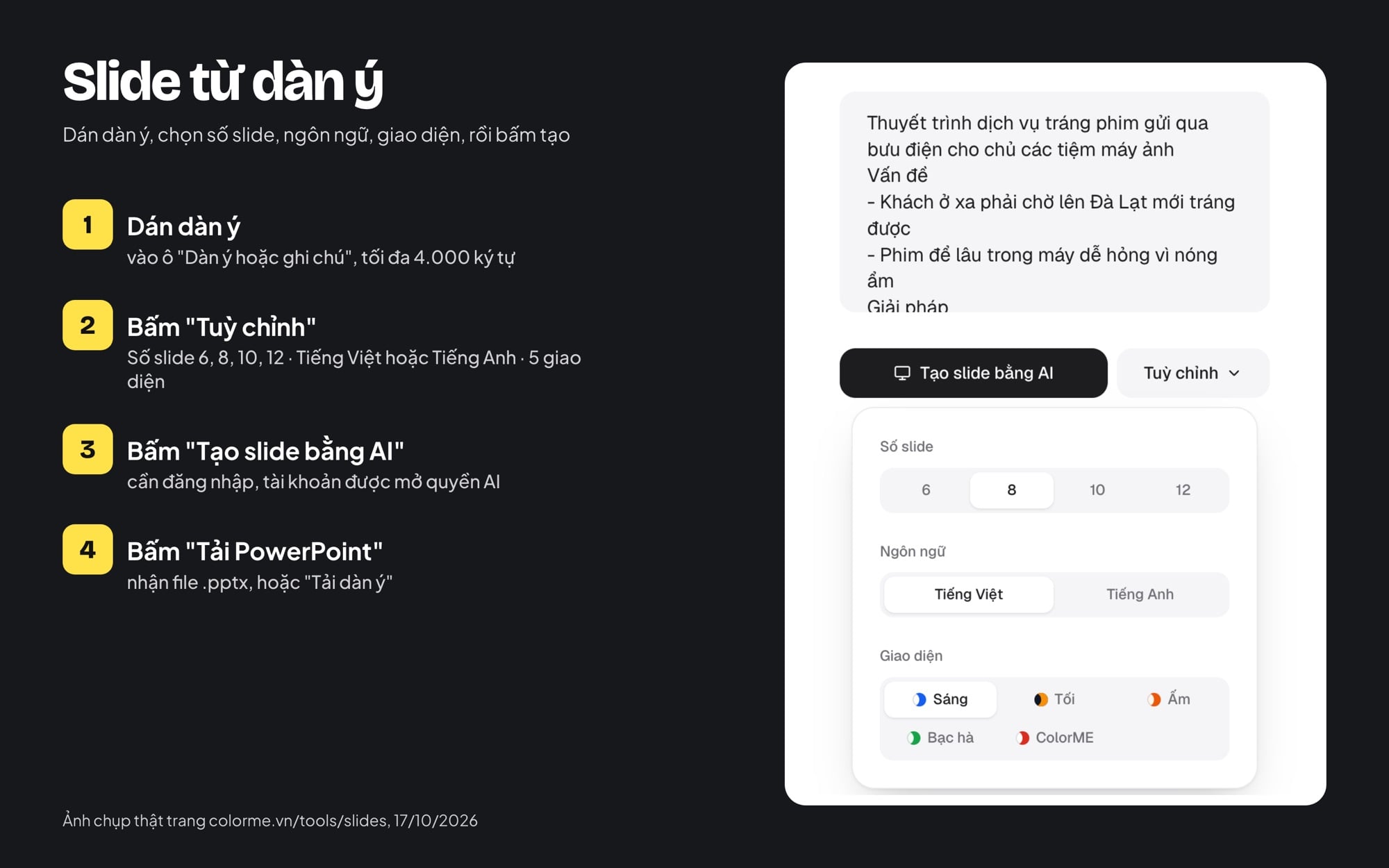 Dán dàn ý và chọn số slide, ngôn ngữ, giao diện trong Slide từ dàn ý