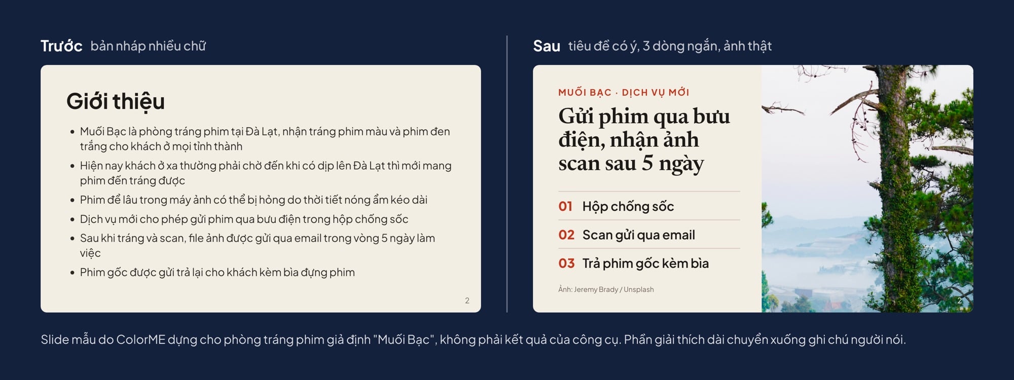 Slide trước và sau khi sửa bản nháp AI: bớt chữ, tiêu đề rõ ý, thêm ảnh