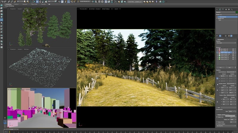 Giao diện 3ds Max 2027.2 với cảnh rừng thông dùng Point Instance