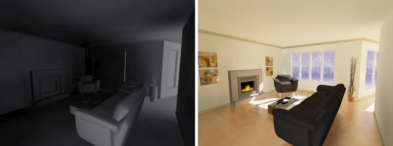 Phòng khách 3D trước và sau khi gán vật liệu trong 3ds Max