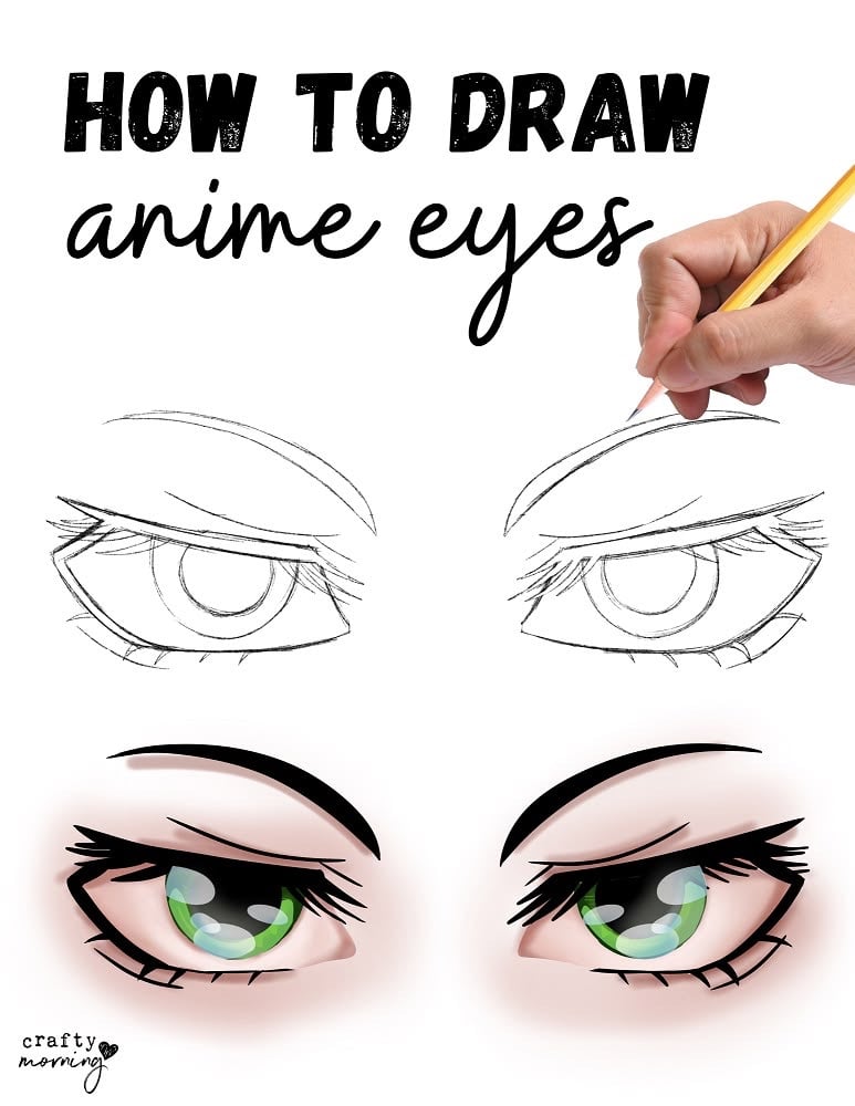 Đôi mắt anime nữ dáng sắc, đuôi mắt kéo dài: bản phác chì phía trên, bản tô màu tròng xanh lá phía dưới