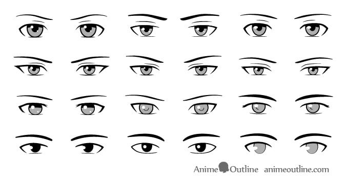 Bốn hàng mắt anime nam: kiểu thường to, kiểu nghiêm hẹp, kiểu giản lược và kiểu rất giản lược