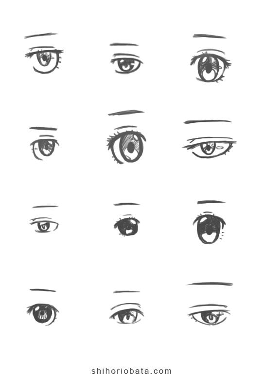 Mười hai kiểu mắt anime nam và nữ vẽ nét xám: mắt tròn to, mắt hẹp, mắt sắc, mắt có lông mi dày
