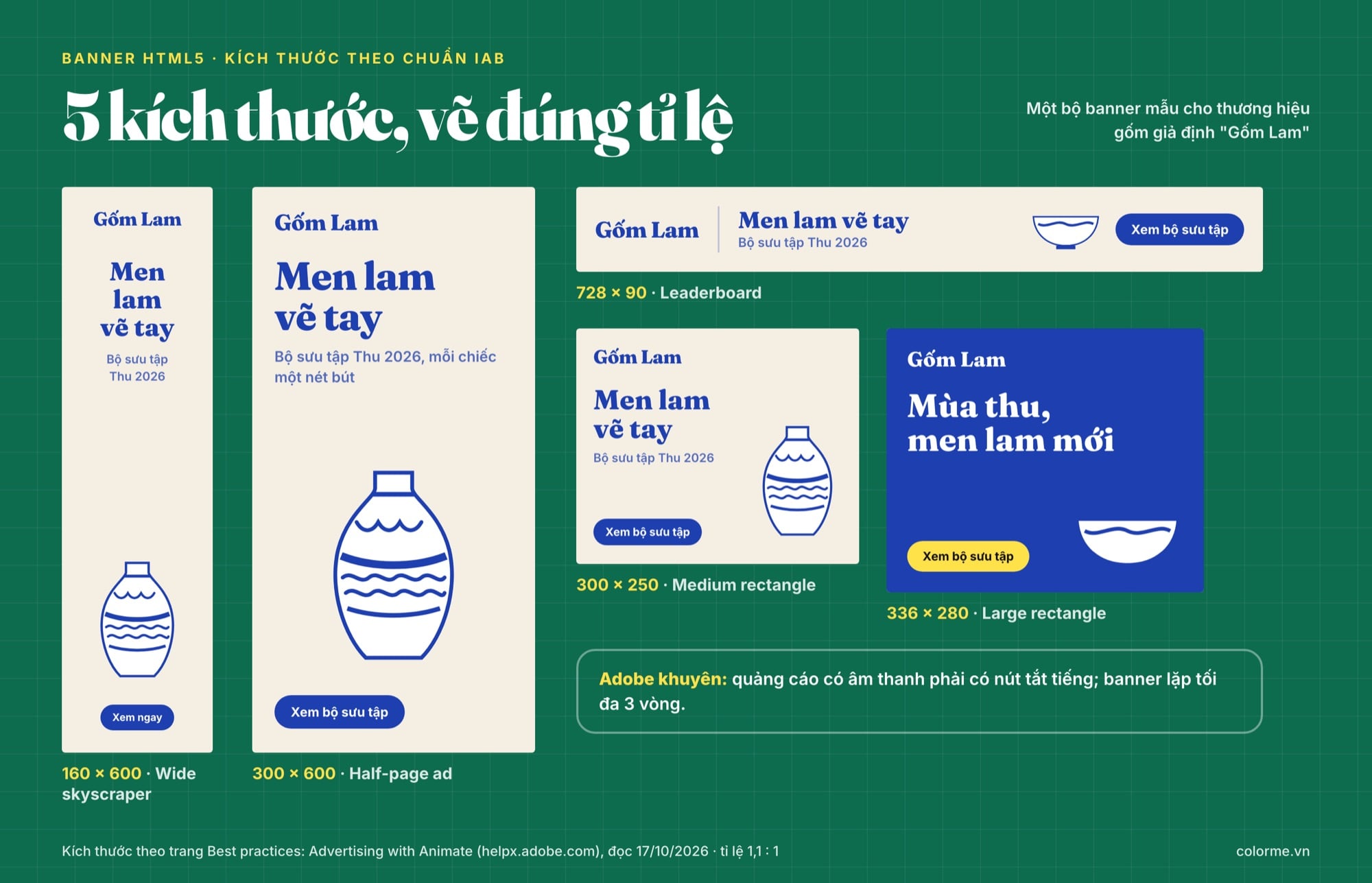Kích thước banner IAB 160x600, 300x600, 728x90, 300x250, 336x280 vẽ đúng tỉ lệ