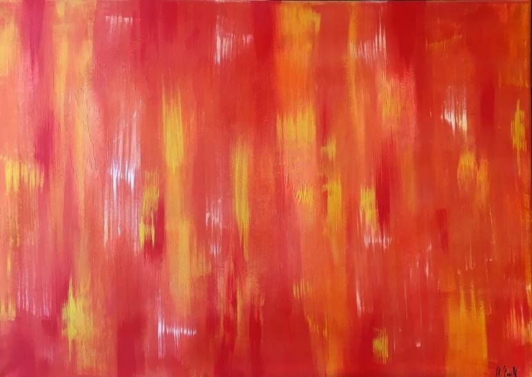 Tranh trừu tượng Abstraction số 1 của Margo Staum: cả mặt tranh phủ đỏ và cam, các vệt dọc vàng và trắng mờ như ánh lửa