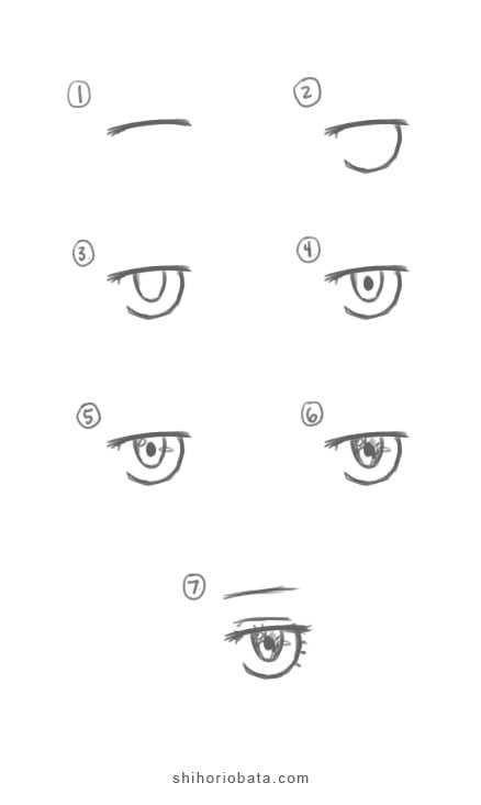 Bảy bước vẽ mắt anime bằng nét chì: mí trên, tròng mắt, con ngươi, điểm sáng, lông mày