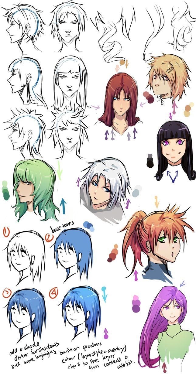 Nhiều kiểu tóc anime: đường bao khối tóc, bảng màu tóc và 4 bước tô màu nền, bóng, điểm sáng