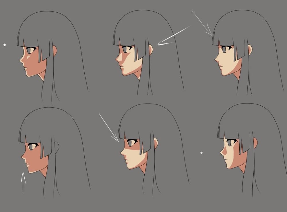 Sáu khuôn mặt anime nghiêng tô bóng cạnh sắc theo sáu hướng sáng khác nhau