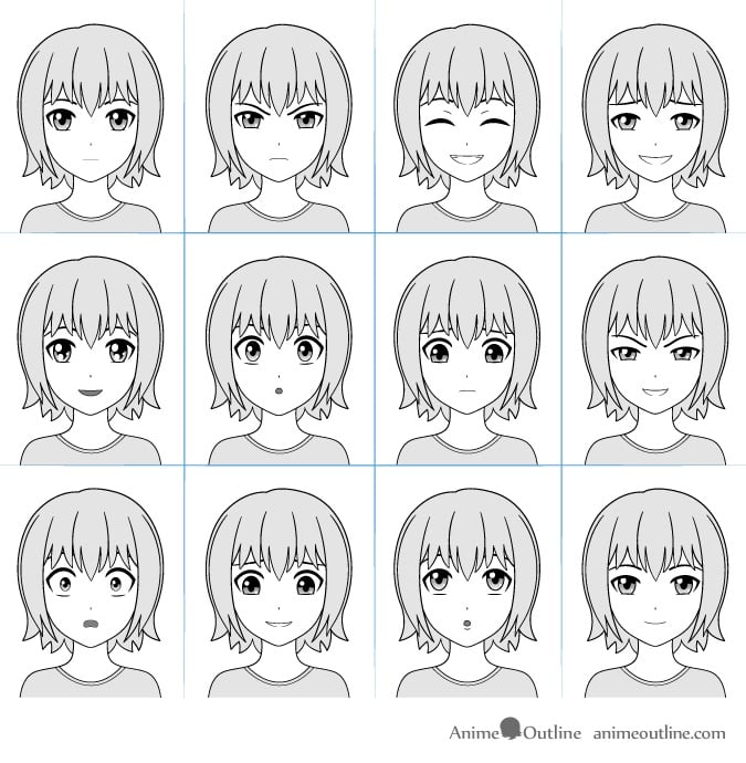 Bảng 12 cảm xúc anime trên cùng một khuôn mặt, chỉ đổi lông mày, mắt và miệng