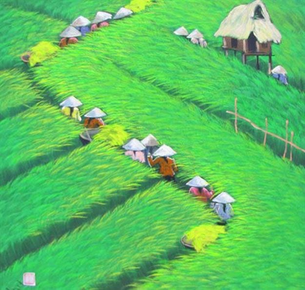 Ruộng lúa xanh chạy chéo, hàng người đội nón trắng gặt lúa nối nhau lên chòi canh ở góc trên