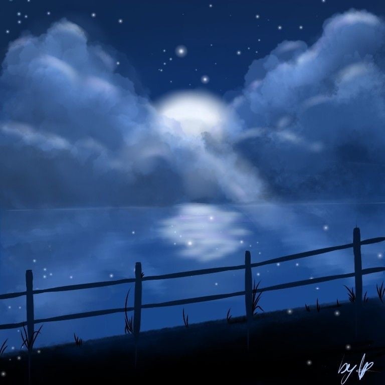 Tranh số đêm trăng, mây xanh, mặt hồ và hàng rào gỗ vẽ bằng ibisPaint