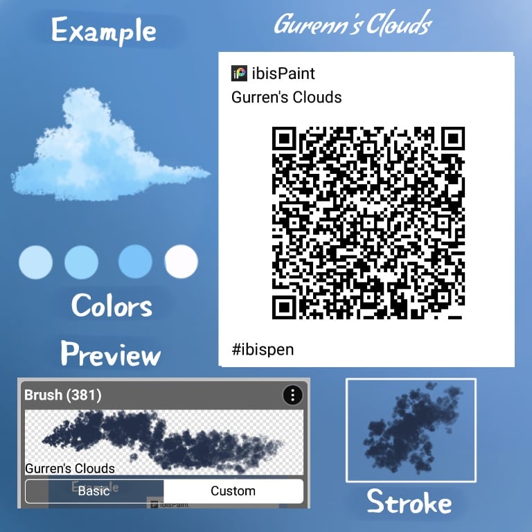 Thẻ brush mây Gurenn's Clouds: mã QR, đám mây mẫu, bốn màu xanh và nét thử