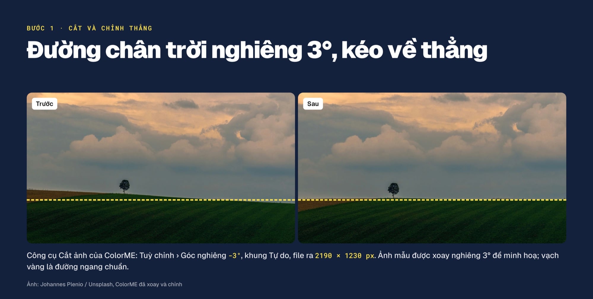 Cắt và chỉnh thẳng đường chân trời, trước và sau