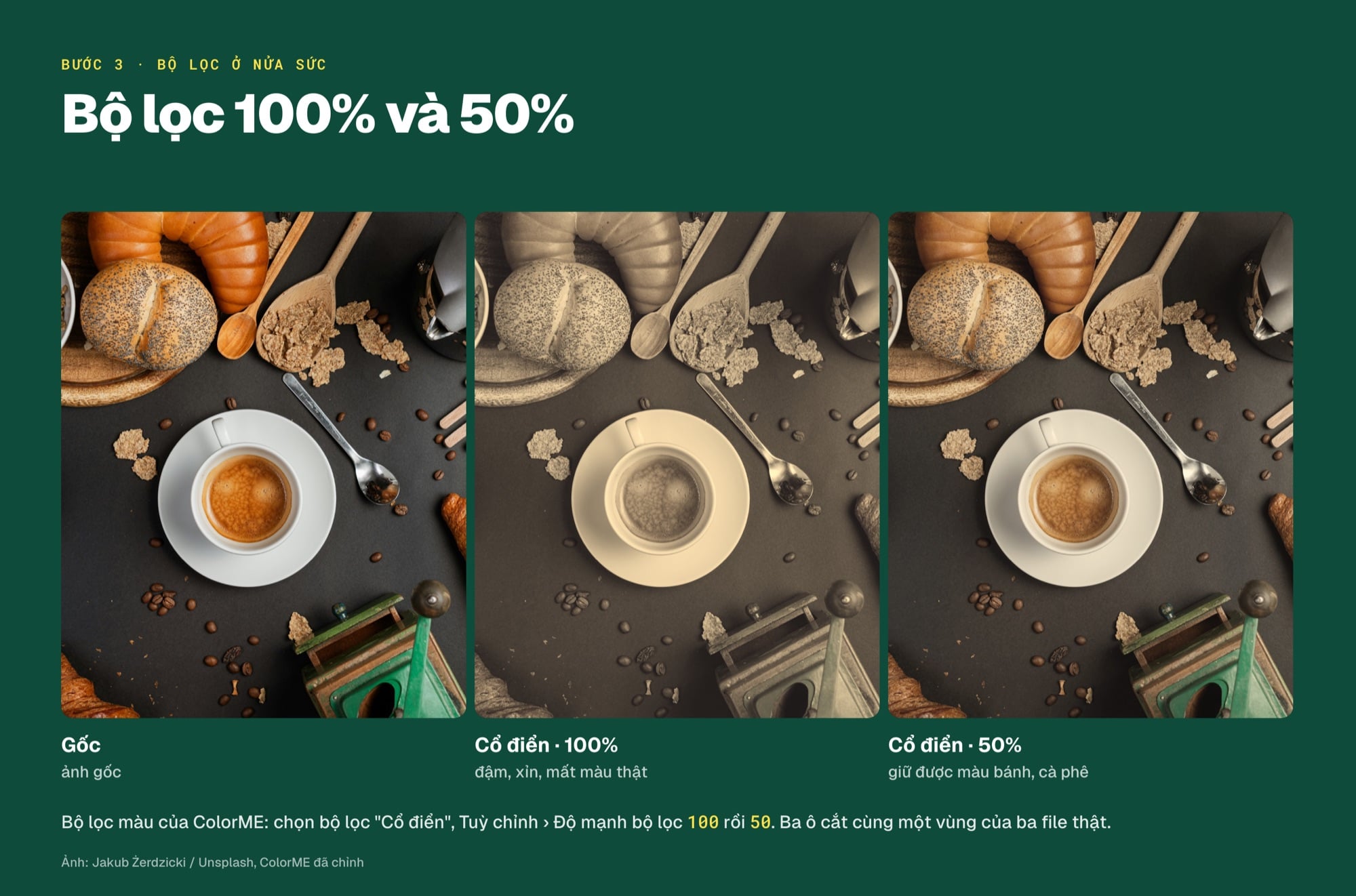 Chỉnh màu ảnh đồ ăn: gốc, bộ lọc 100% và 50%