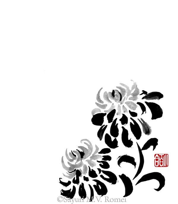 Hai bông cúc vẽ mực đen xám với nét cánh cong và con dấu đỏ