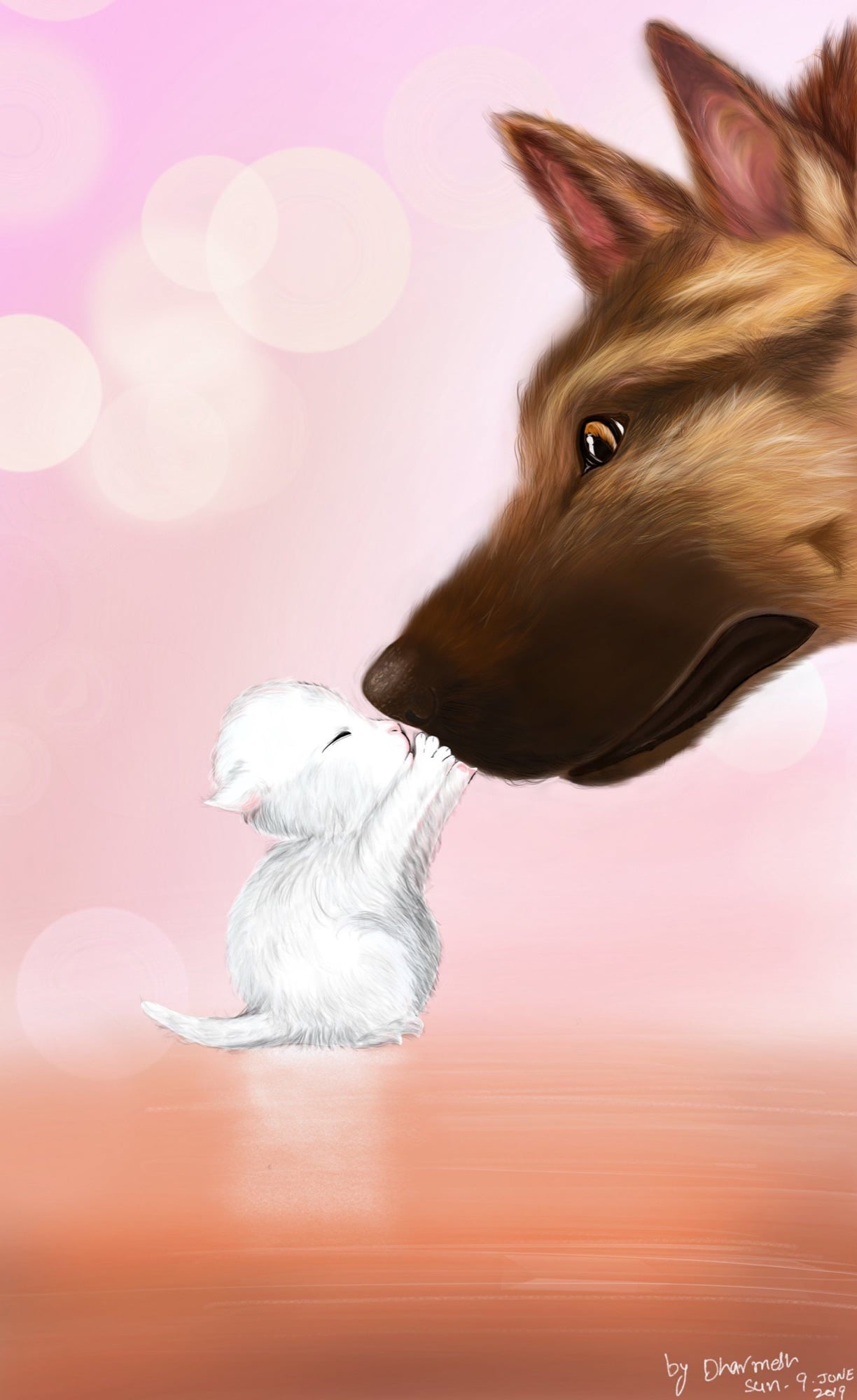 Mèo con trắng chạm mũi chú chó béc giê trên nền hồng, tranh số vẽ bằng Procreate