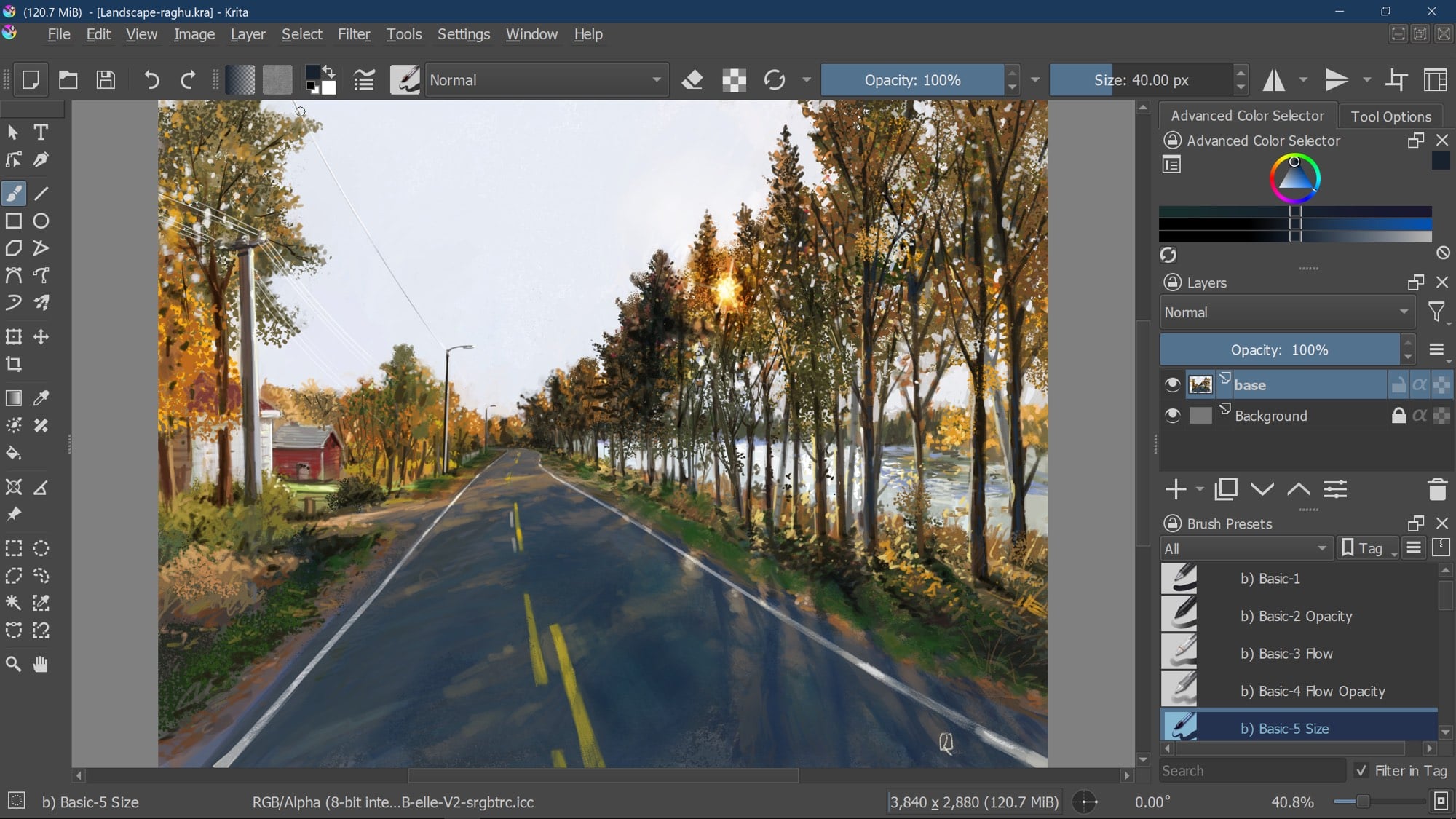 Giao diện Krita: hộp công cụ bên trái, canvas vẽ con đường mùa thu, docker màu, layer và brush preset bên phải